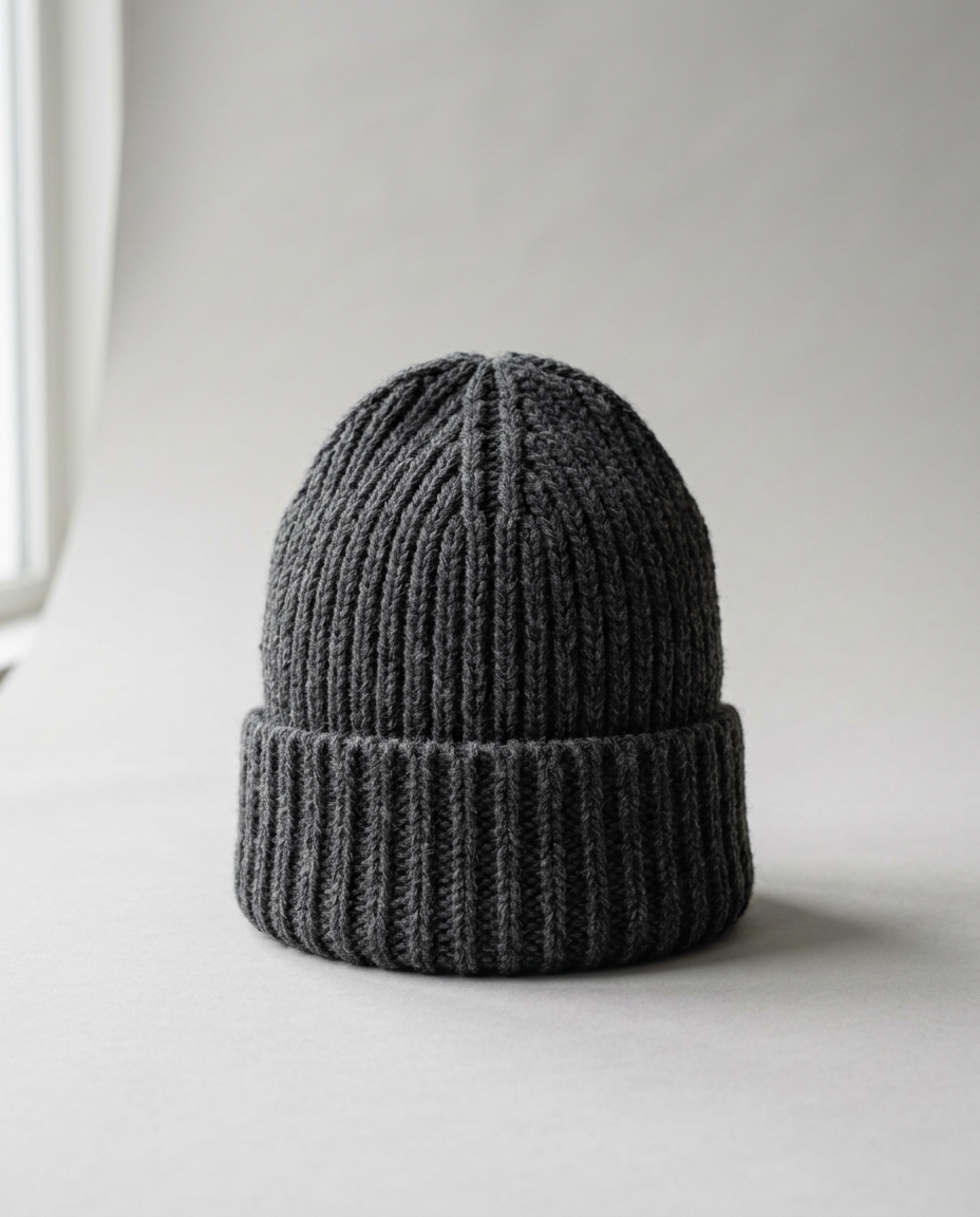 Charcoal rib-knit merino beanie with folded cuff