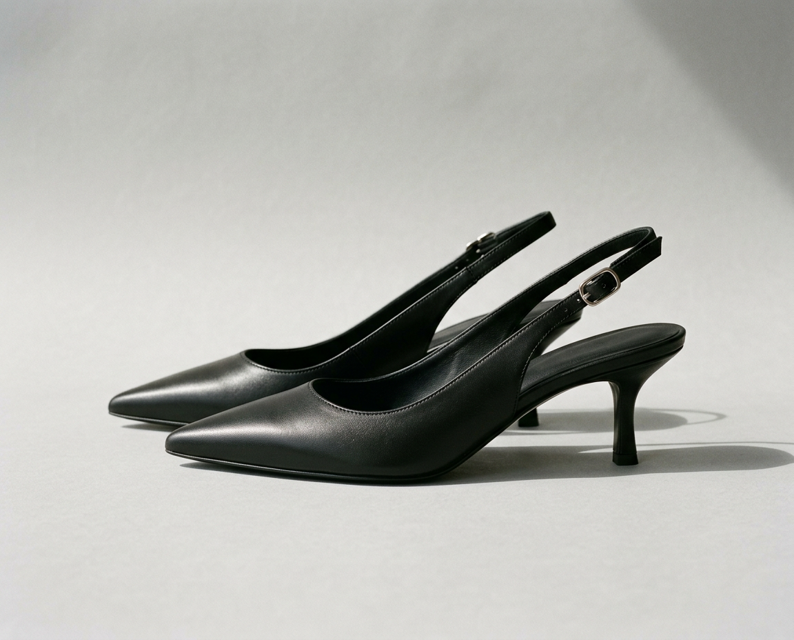 Pair of black leather pointed-toe slingback heels in profile