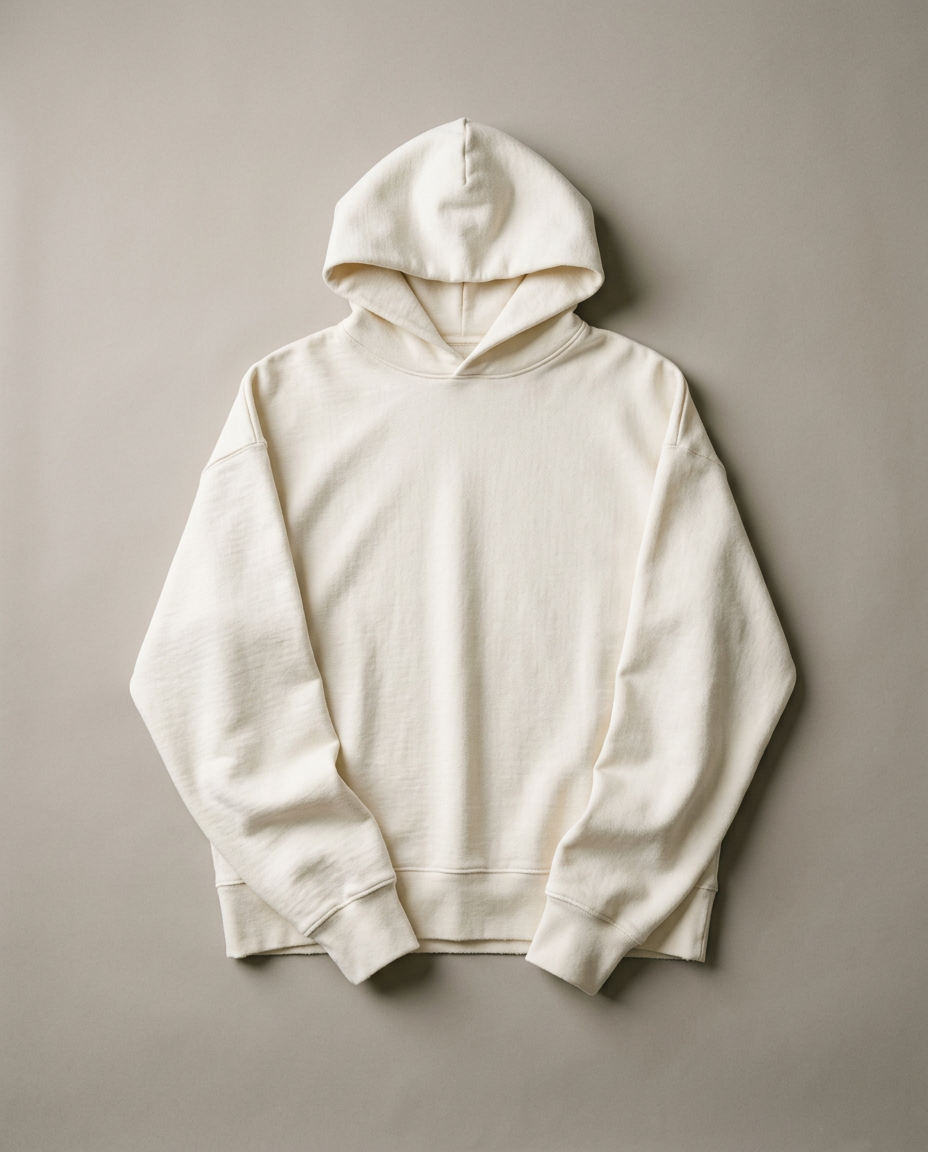 Off-white heavyweight cotton hoodie laid flat