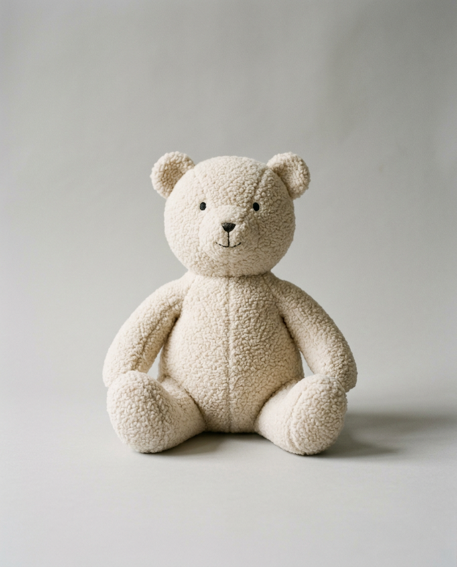 Cream bouclé plush bear sitting upright