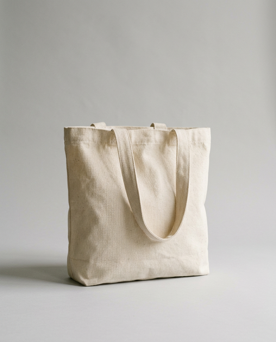 Natural canvas tote bag standing upright
